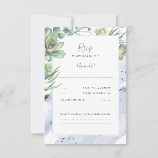 Dusty Blue Succulents Greenerity Wedding RSVP Karte (Vorderseite)