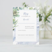 Dusty Blue Succulents Greenerity Wedding RSVP Karte (Stehend Vorderseite)