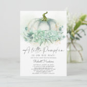 Dusty Blue Succulents Pumpkin Fall Baby Dusche Einladung (Stehend Vorderseite)