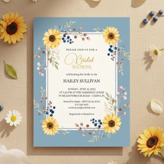 Dusty Blue Sunflower Bridal Shower Gold Frame Einladung