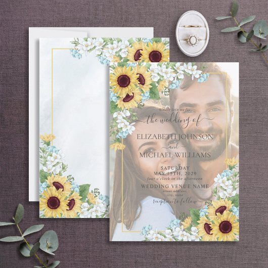 Dusty Blue Sunflower Vellum Overlay Foto Hochzeit Einladung