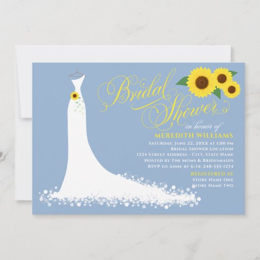 Dusty Blue Sunflower Wedding Gown Brautparty Einladung (Vorderseite)