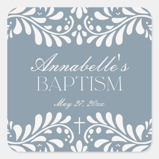 Dusty Blue Talavera Spanish Fiesta Taufe Gefallen Quadratischer Aufkleber (Vorderseite)