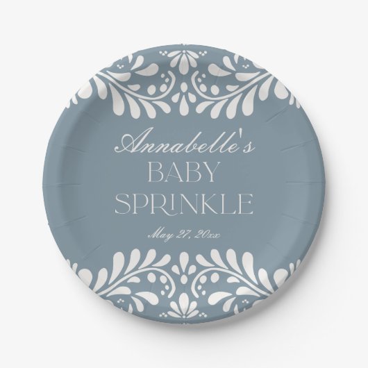 Dusty Blue Talavera Tile Fiesta Boy Baby Sprinkle Pappteller (Vorderseite)