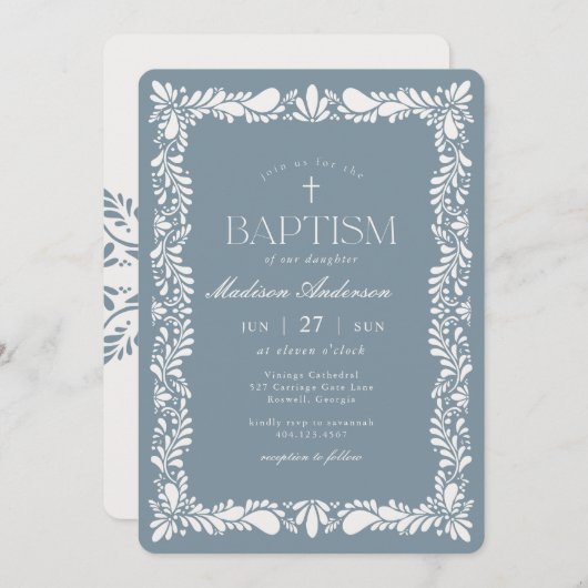 Dusty Blue Talavera Tile Fiesta Boy Baptisse Einladung (Vorne/Hinten)