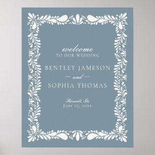 Dusty Blue Talavera Tile Fiesta Wedding Willkommen Poster