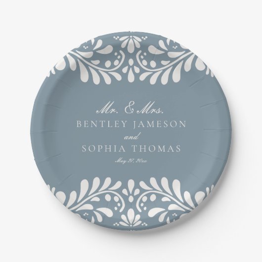 Dusty Blue Talavera Tile Spanish Fiesta Wedding Pappteller (Vorderseite)