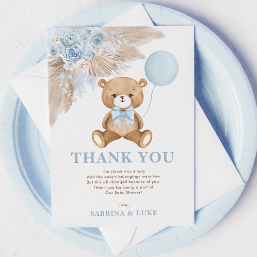 Dusty Blue Teddy Bear Balloon Babydusche Dankeskarte