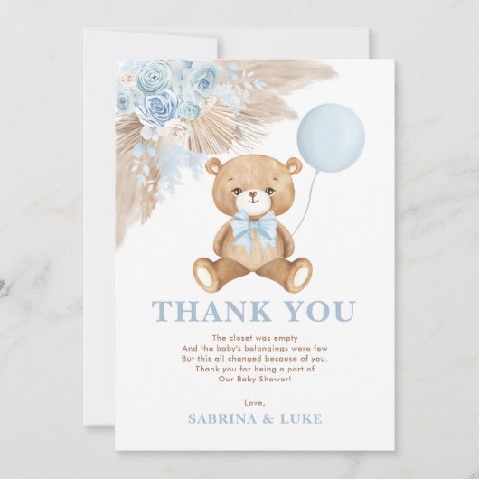 Dusty Blue Teddy Bear Balloon Babydusche Dankeskarte (Vorderseite)