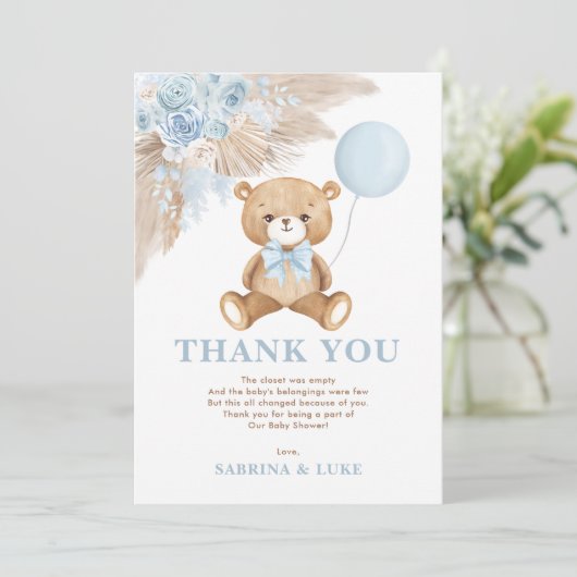 Dusty Blue Teddy Bear Balloon Babydusche Dankeskarte (Stehend Vorderseite)