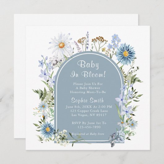 Dusty Blue Tee Party Baby in Bloom Baby Dusche Einladung (Vorne/Hinten)