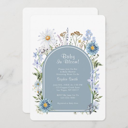 Dusty Blue Tee Party Baby in Bloom Baby Dusche Einladung (Vorne/Hinten)