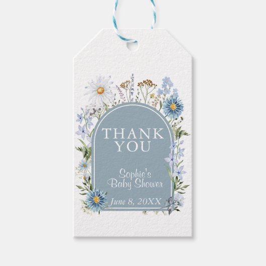 Dusty Blue Tee Party Baby in Bloom Baby Dusche Geschenkanhänger (Vorderseite)