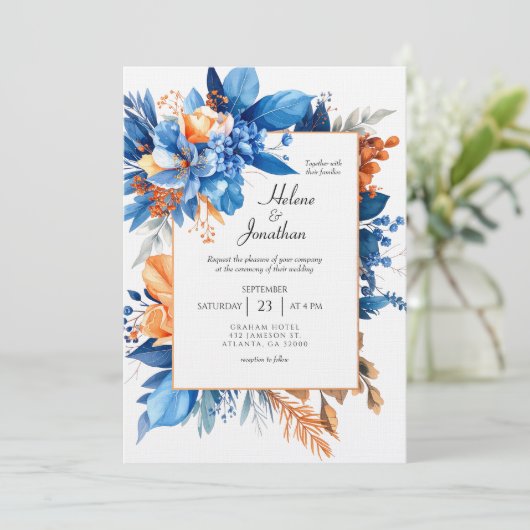 Dusty Blue Terracotta Rust Boho Elegant Wedding Einladung (Stehend Vorderseite)
