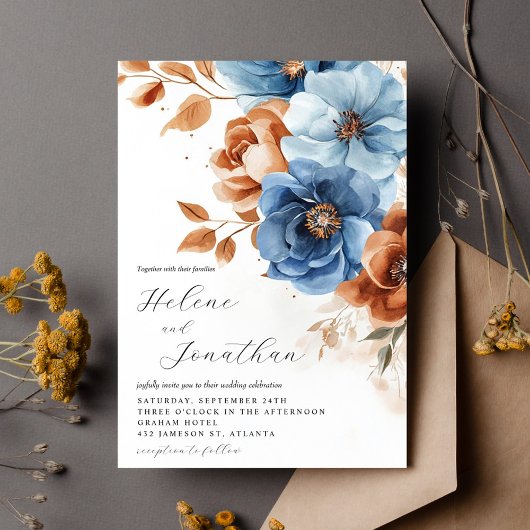 Dusty Blue Terracotta Rust Elegante Hochzeit auf d Einladung