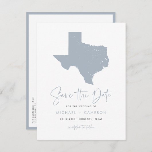 Dusty Blue Texas Staat Karte QR-Code Save the Date (Vorne/Hinten)