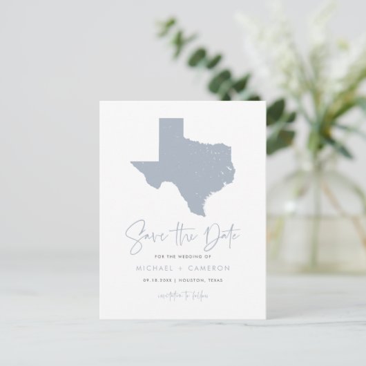 Dusty Blue Texas Staat Karte QR-Code Save the Date (Stehend Vorderseite)
