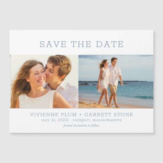 Dusty Blue Text 2 Foto Wedding Save the Date Magneteinladung (Vorderseite)