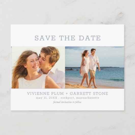 Dusty Blue Text 3 Foto Wedding Save the Date Ankündigungspostkarte (Vorderseite)