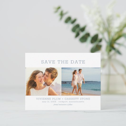 Dusty Blue Text 3 Foto Wedding Save the Date Ankündigungspostkarte (Stehend Vorderseite)