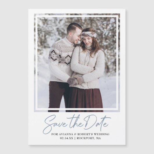 Dusty Blue Text und Foto Save the Date Magneteinladung (Vorderseite)