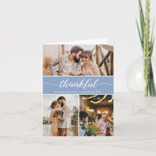 Dusty Blue Thankful Wedding Foto Collage Dankeskarte (Vorderseite)