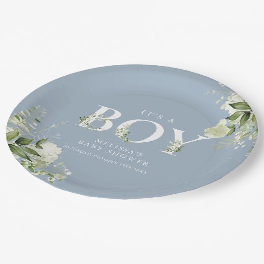 Dusty Blue The a Boy Greenerity Letter Baby Dusche Pappteller (Schrägansicht)