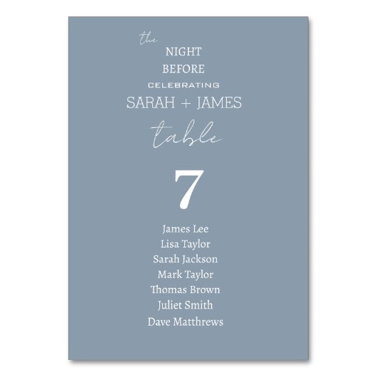 Dusty Blue the Night Before Wedding Seating Chart Tischnummer (Rückseite)