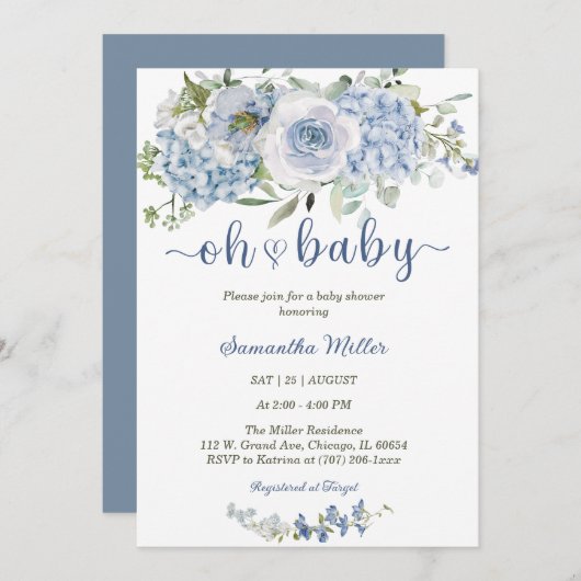 Dusty Blue Themed Baby Showvorlage Einladung (Vorne/Hinten)