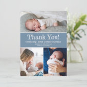 Dusty Blue Three Fotos Baby Boy Dusche Dankeskarte (Stehend Vorderseite)