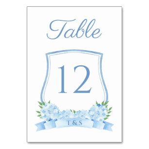 Dusty Blue Timeless Hydrangea Wappen Wedding Tischnummer