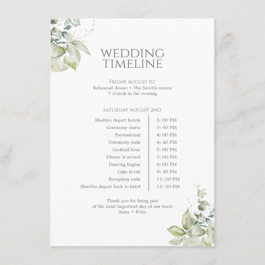 Dusty Blue Timeline Card | Eleganter Frühling Flor Begleitkarte (Vorderseite)