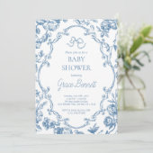 Dusty Blue Toile de Jouy Baby Shower Einladung (Stehend Vorderseite)