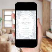 Dusty Blue Toile De Jouy Border QR Code Wedding Einladung