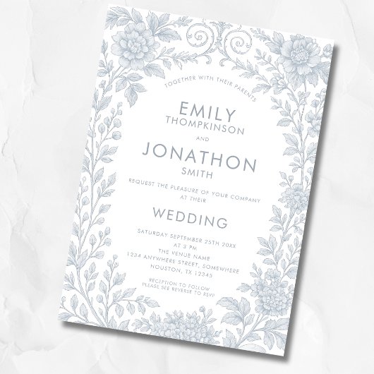 Dusty Blue Toile De Jouy Border QR Code Wedding Einladung