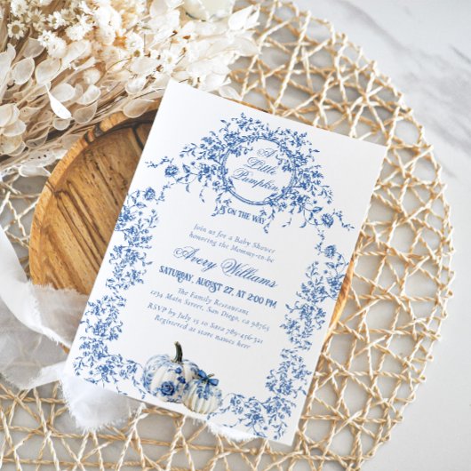 Dusty Blue Toile Floral Pumpkin Boy Baby Dusche Einladung