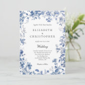 Dusty Blue Toile Floral Watercolor Einladung (Stehend Vorderseite)