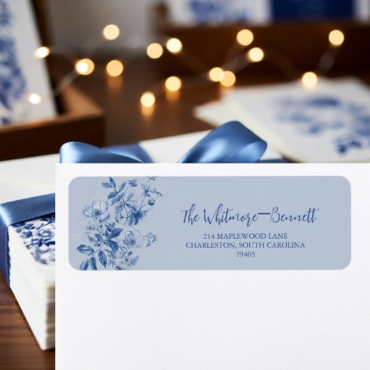Dusty Blue Toile Floral Wedding Return Address 