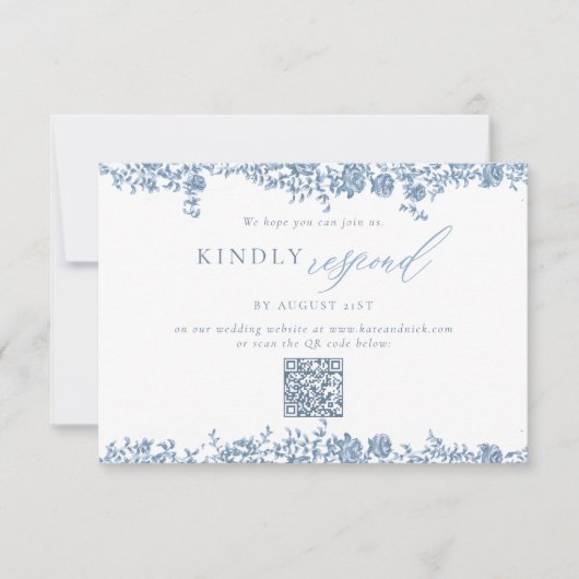 Dusty Blue Toile Rose Elegante QR Hochzeitreaktion (Vorderseite)