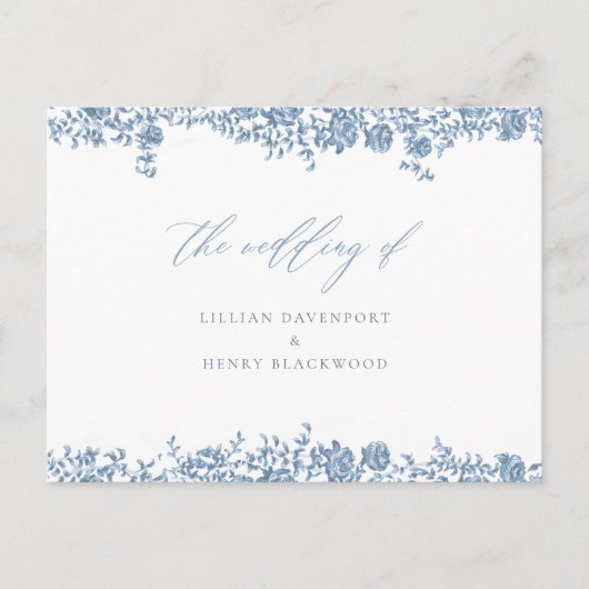 Dusty Blue Toile Rose Elegante QR Hochzeitreaktion Postkarte (Vorderseite)