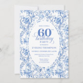 Dusty Blue Toile Roses 60th Birthday Digital  Einladung (Vorderseite)