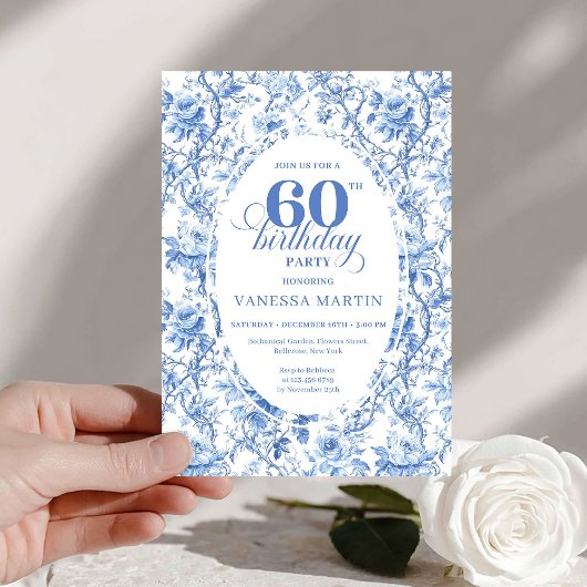 Dusty Blue Toile Roses 60th Birthday Digital  Einladung