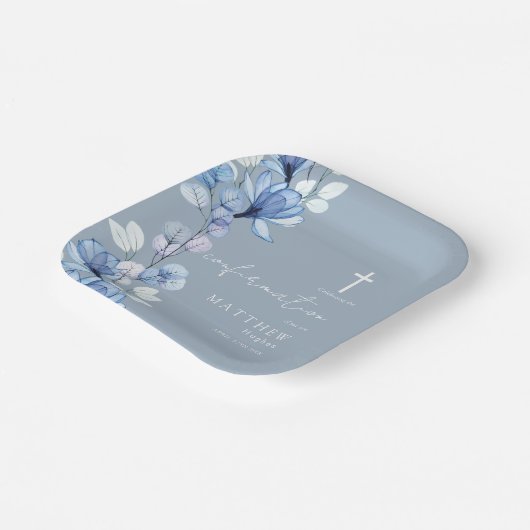 Dusty Blue Transparent Floral Confirmation Pappteller (Gewinkelt)