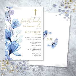 Dusty Blue Transparent Floral First Holy Communion Einladung