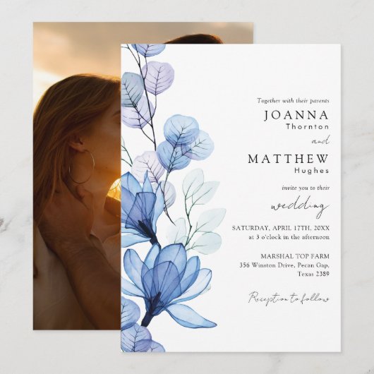 Dusty Blue Transparent Floral Foto Wedding Einladung (Vorne/Hinten)