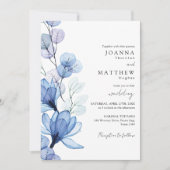 Dusty Blue Transparent Floral Monogram Wedding Einladung (Vorderseite)