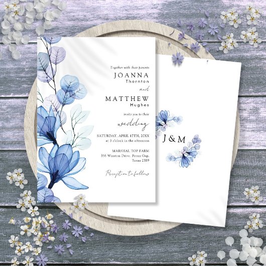 Dusty Blue Transparent Floral Monogram Wedding Einladung