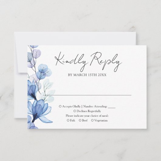 Dusty Blue Transparent Floral Monogram Wedding RSVP Karte (Vorderseite)