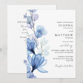 Dusty Blue Transparent Floral QR Code Wedding Einladung (Vorne/Hinten)