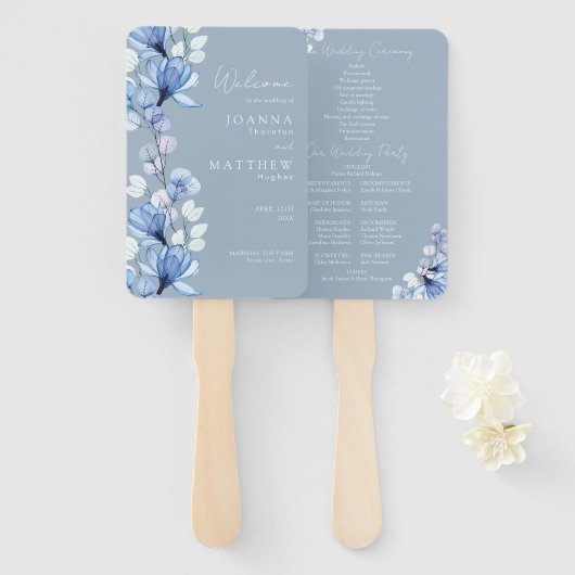 Dusty Blue Transparent Floral Wedding Program Fächer (Vorne und Hinten)